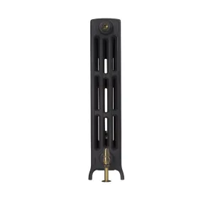 A single section of a plain Grace 4 column cast iron radiator on feet in a black finish, with a brass valve and bleed screw, on white.