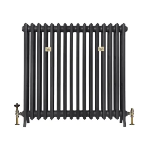 Grace 4 Column 960mm cast iron radiator in a dark graphite finish on feet, with brass wall stays and antique brass valves, on white.