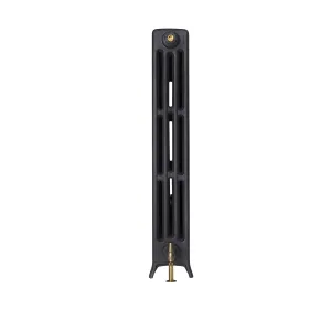Side view of a Grace 4 Column 960mm cast iron radiator on feet in a dark grey finish, with a brass valve and bleed screw, on white.