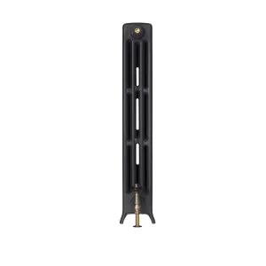 End view of a Grace 4 Column 960mm cast iron radiator on feet in a dark grey finish, with an antique brass valve and bleed valve, on white.