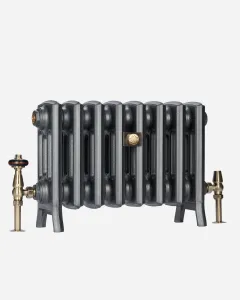 Eight-section Grace 4 Column cast iron radiator in Black Iron on feet, with brass angled valves and a brass wall stay, on a white background.