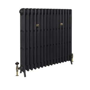 Plain Grace 4 Column 960mm cast iron radiator on feet in a dark textured finish, with brass angled valves and two brass wall stays.