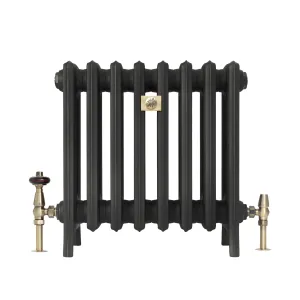 Grace 6 Column cast iron radiator on feet, eight sections in dark graphite with an antique brass thermostatic valve, lockshield and plaque.