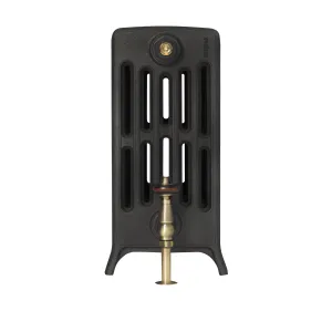 End view of a Grace 6 Column 485mm cast iron radiator on feet in a black finish, with a brass bleed valve and brass angled valve.