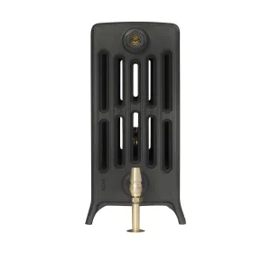 End view of a Grace 6 column cast iron radiator on feet in a dark grey finish, with a brass valve and tail at the base, on white.