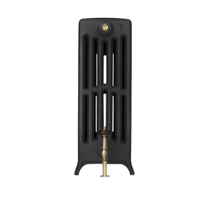 End view of a plain Grace 6 column cast iron radiator on feet in a black finish, with an antique brass valve and wooden head, on white.