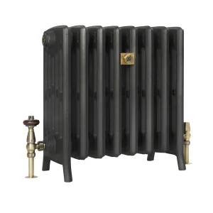 Grace six-column cast iron radiator on feet in a dark pewter-style finish, with antique brass valves and a brass bee badge.