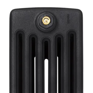 Close-up of the top end section of a Grace 6 Column cast iron radiator in textured black, with a Castrads plug and brass bleed valve.