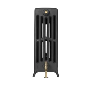 End view of a Grace 6 Column 660mm cast iron radiator on feet in a matt black finish, with a brass valve below and a bleed valve on top.