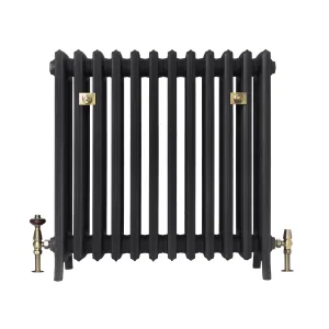 Grace 6 Column cast iron radiator on feet in a dark grey finish, with brass wall stays and antique brass thermostatic and lockshield valves.