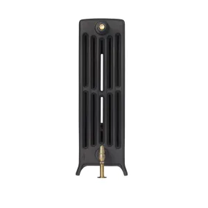 End view of a Grace 6 Column 760mm cast iron radiator on feet in a matt charcoal finish, with a brass valve below and a bleed valve on top.