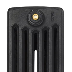 Close-up of the top of a plain Grace 6 Column cast iron radiator section in black, with a brass bleed plug and cast '221x600' marking.