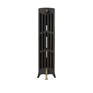 End view of a plain Grace 6 column 960mm cast iron radiator on feet in a dark charcoal finish, with a brass valve at the base.