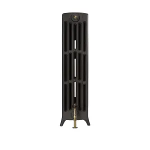 End view of a plain Grace 6 Column 960mm cast iron radiator on feet in a dark graphite finish, with a brass valve at the base.