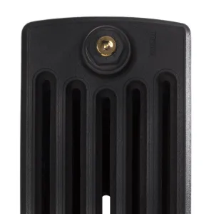 Close-up of the top of a plain Grace 6 Column cast iron radiator end section in matt black, with a brass bleed valve in a Castrads plug.