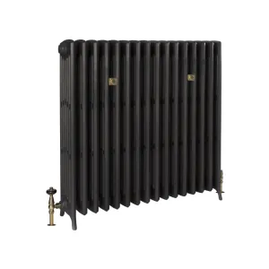 Grace 6 Column 960mm cast iron radiator in a dark graphite finish on feet, with brass thermostatic valves and two square brass wall stays.