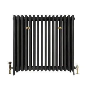 Grace 6 Column 960mm plain cast iron radiator on feet in a dark grey finish, with two brass wall stays and brass valves at each end.