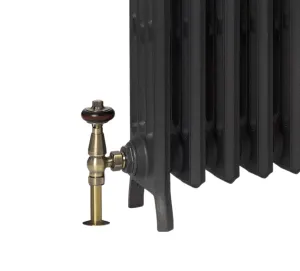 Close view of the end of a Grace four-column cast iron radiator in dark grey on feet, with an antique brass angled valve and wooden head.