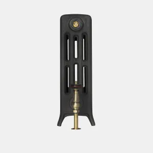 End view of a Grace 4 Column 500mm cast iron radiator on feet in Matt Black, with an antique brass valve and wooden handwheel.