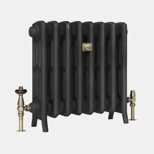 Grace 4 column cast iron radiator in Matt Black on feet, with antique brass valves and a brass wall stay, on a plain grey background.