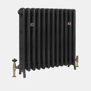 Grace 4 Column 760mm cast iron radiator in Matt Black on feet, with brass wall stays and antique brass valves, on a plain grey background.