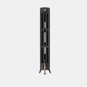 A single section of the Grace 4 Column 960mm cast iron radiator in Matt Black on feet, with a brass valve and bleed valve, on a grey background.