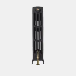 Single section of a plain Grace 4 Column 760mm cast iron radiator on feet in Matt Black, with an antique brass valve and wooden head.