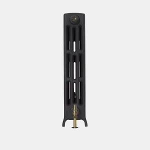 Single section of a Grace 4 column cast iron radiator in Matt Black on feet, with a brass valve and tail at the bottom, on a plain grey background.