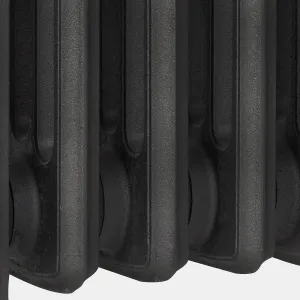 Close-up of the lower sections of a Grace 4 Column cast iron radiator in Matt Black, showing its textured cast surface and rounded column ends.
