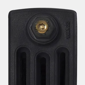 Close-up of the top of a Grace cast iron radiator end section in Matt Black, with a brass bleed plug set in an embossed Castrads bung.