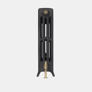 End view of a Grace 4 Column 660mm cast iron radiator in Matt Black on feet, with a brass valve at the base and a brass bleed valve at the top.
