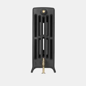 End view of a plain Grace 6 Column 660mm cast iron radiator on feet in Matt Black, with a brass valve and bleed plug, on a grey background.