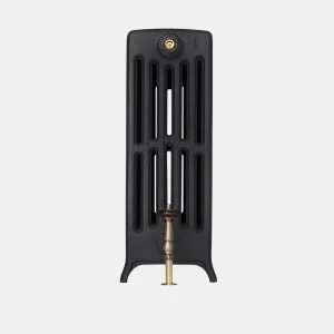 End view of a plain Grace 6 column cast iron radiator on feet in Matt Black, with an antique brass valve and wooden head on a cut-out background.