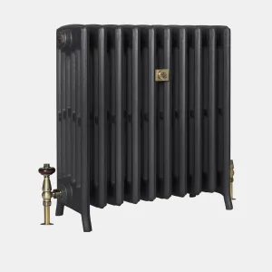 Plain Grace 6 Column cast iron radiator in Matt Black on feet, with an antique brass thermostatic valve and a square brass wall stay.