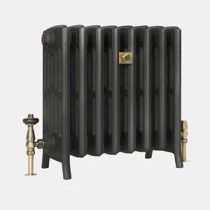 Grace 6 Column 485mm cast iron radiator on feet in a dark metallic graphite finish, with brass thermostatic valve and bee-motif plate.