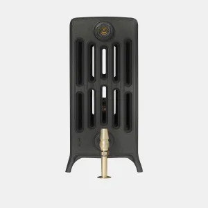 End view of a Grace 6 column cast iron radiator on feet in Matt Black, with a brass valve and pipe at the base and a brass bleed plug at the top.