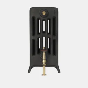 End view of a Grace 6 Column cast iron radiator on feet in Matt Black, with an antique brass valve and bleed plug, on a plain grey background.