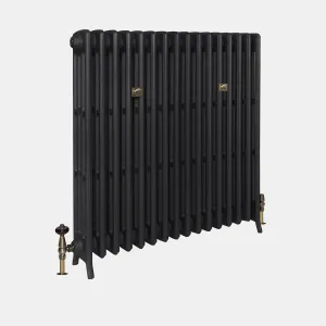 Grace 4 Column 960mm cast iron radiator in Matt Black on feet, with brass wall stays and antique brass angled valves, on a plain grey background.