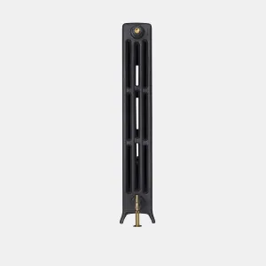 Single section of a plain Grace 4 column 960mm cast iron radiator in Matt Black on feet, with a brass valve and brass bleed plug.