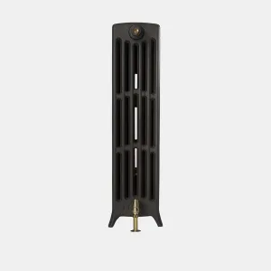 Narrow plain Grace 6 column 960mm cast iron radiator in Matt Black on short feet, with a brass valve at the base, on a pale grey background.