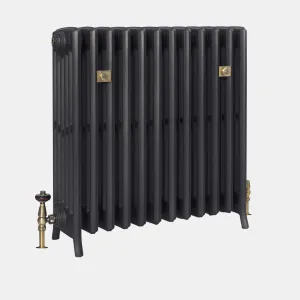 Grace 6 Column 760mm cast iron radiator in Matt Black on feet, with brass decorative plates and an antique brass thermostatic valve.