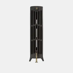 End view of a plain Grace 6 column cast iron radiator on feet in Matt Black, with a brass valve at the base and a bleed plug at the top.