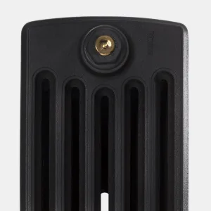 Close-up of the top of a plain Grace 6 Column 960mm cast iron radiator end section in Matt Black with a brass bleed valve in a black plug.