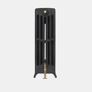 End view of a plain Grace 6 Column 760mm cast iron radiator on feet in Matt Black, with a brass valve at the base and a bleed valve at the top.