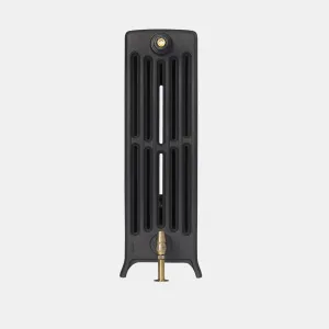 End view of a plain Grace 6 Column 760mm cast iron radiator on feet in Matt Black, with a brass valve below and a bleed plug at the top.