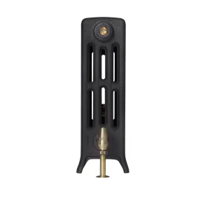 End view of a Grace 4 column cast iron radiator on feet in a black finish, with a brass bleed valve and a brass valve tail below.
