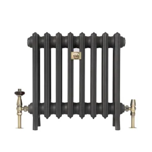 Grace 4 Column 360mm cast iron radiator in a dark graphite finish on feet, with antique brass valves and a brass wall stay, on white.