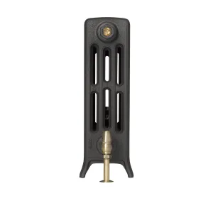 End view of a Grace 4 Column 360mm cast iron radiator section on feet in a dark grey finish, with a brass valve and pipe below.
