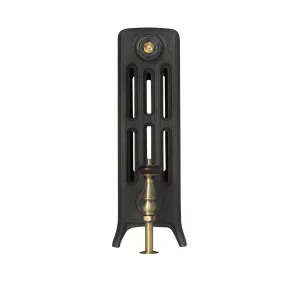 End view of a Grace 4 Column 500mm cast iron radiator on feet in a dark textured finish, with an antique brass valve and bleed plug.