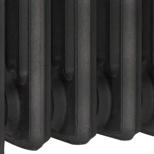 Close-up of the lower sections of a Grace 4 Column cast iron radiator in a dark graphite finish with a textured cast surface, on white.